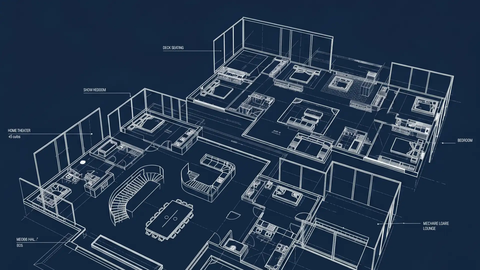 Minimal blueprint rendering CAD wireframe on screen
